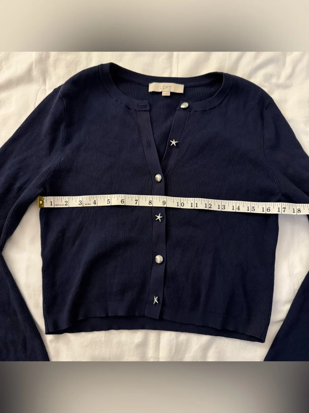 LOFT Starfish Shell Button Ribbed Cardigan Navy Blue Knit Sweater XL